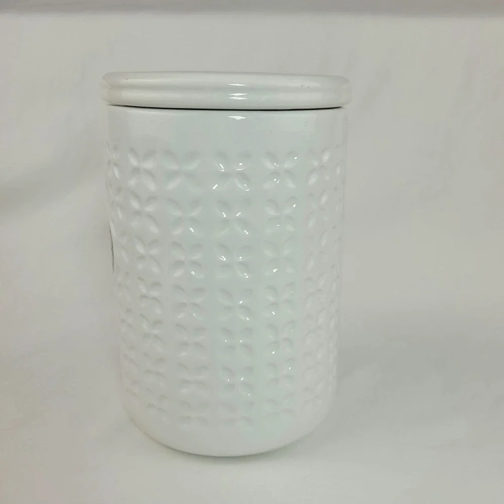 THL White Ceramic Coffee Canister Embossed Quatrefoil Brass Plaque Farmhouse